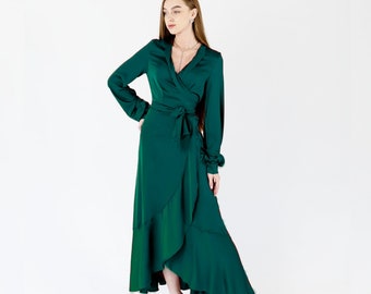 Janne-Kleid Smaragdgrünes Seidenkleid Dunkelgrünes Kleid mit Ärmeln Brautjungfern-Wickelkleid Grünes Kleid Smaragdgrünes Brautjungfernkleid Abschlusskleid