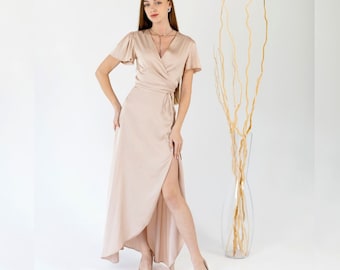 Graduation dress Bridesmaid dress plus size Wrap dress Maxi modest dress Prom dress Bridesmaid dress satin Short sleeve bridesmaid dress