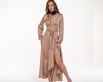 Satin wrap dress, Gold dune bridesmaid dress, Satin dress with sleeves, satin silk dress, boho bridesmaid dress, long wrap dress Janne dress