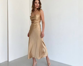 Chloe dress Gold satin slip dress cowl neck Golden midi dress open back Dress for bridesmaid Gold dress Gold wedding dress Prom dress gold