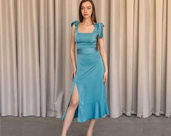 Wedding guest dress Satin bridesmaid dress Sea wave blue dress Dusty blue bridesmaid dress Blue midi dress Alexa dress