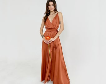 Rust bridesmaid dress Brunt orange dress Satin maxi dress v-neck Silk maxi dress with v-neck Floor lenght prom dress