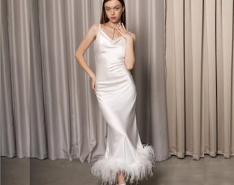 Elopement dress feathers boa Feather white dress Vegas wedding white silk dress wedding White dress with feathers