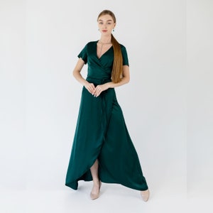 Miranda dress Emerald silk dress with short sleeve Bridesmaid wrap dress Dark emerald dress Green silk dress Green bridesmaid dress