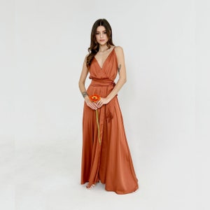 Rust bridesmaid dress Brunt orange dress Satin maxi dress v-neck Silk maxi dress with v-neck Floor lenght prom dress