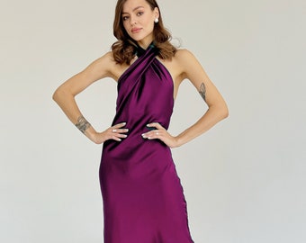 Pflaumenfarbenes Kleid, Seiden-Neckholder-Kleid, Neckholder-Midikleid, Neckholder-Kleid, Pflaumen-Satinkleid, seidiges Kleid, Coctail-Kleid, Kleid mit offenem Rücken, Bella-Kleid