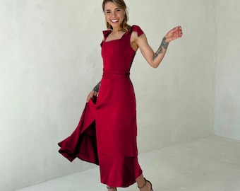 Alexa-Kleid Burgunderkleid Dunkelrotes Brautjungfern-Seidenkleid Rotes Midikleid Satinkleid mit Krawatten Krawattenkleid Seidenkleid mit Schleifenträgern