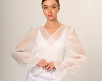 Trouwjurk topper Organza overhemd Doorzichtige witte organza Stijlvolle blouse Zijden organza bolero Elegante blouse met bisschopsmouwen