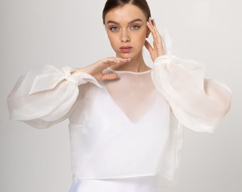 Veste en organza classique Veste transparente Wrap blazer en organza manches longues évêque Voir à travers le chemisier blanc Mariée séparée Châle de mariée