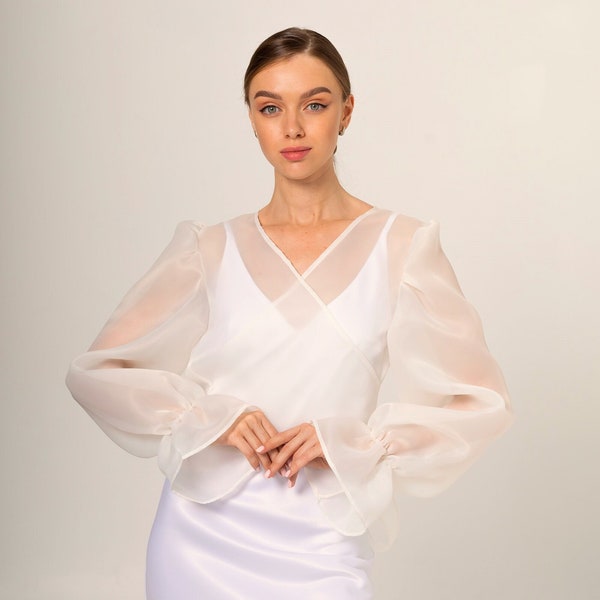 Robe de mariée topper Organza Shirt Sheer White Organza Blouse élégante Boléro en organza de soie Chemisier élégant avec manches évêque