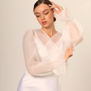 Bridal bolero Classic Organza Jacket Transparent Jacket Wrap organza blazer long bishop sleeve See through white blouse image 4