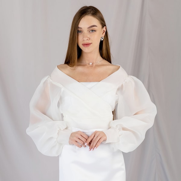 Bridal dress topper Dress overlay Classic Organza Sheer Jacket Wrap organza blazer bishop sleeve Sheer white blouse Bride cover up