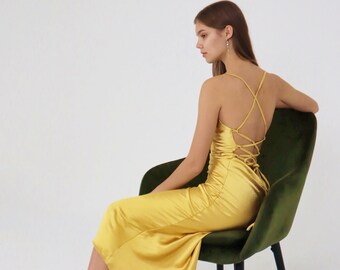 long gold satin dress