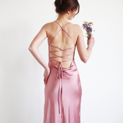 Powder silk slip dress cowl neck Rose pink midi dress bare shoulders and open back Dress for bridesmaid Satin dress for special occasions