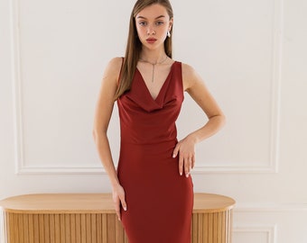 Formal maxi dress Satin coctail dress Cowl neckline dress Mermaid formal dress dark red Rust dress Occasion maxi dress Paula dress