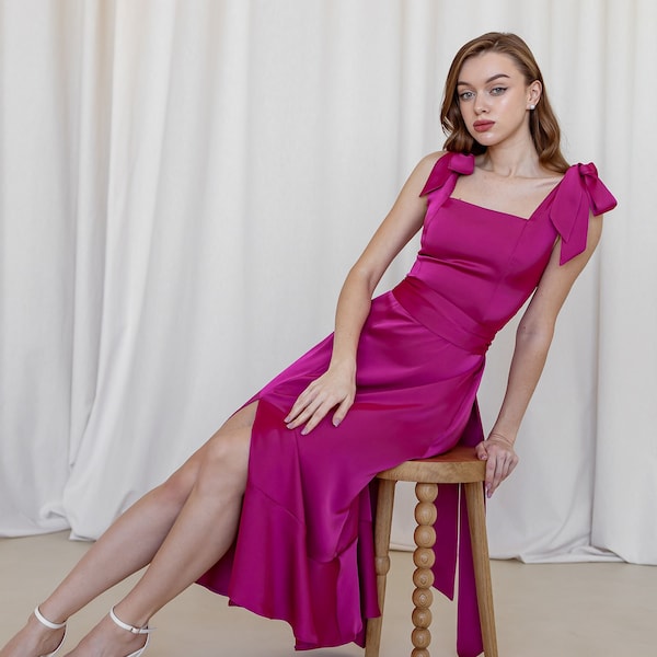Vestido magenta Vestido fucsia de satén Vestido midi de dama de honor rosa fuerte con lazos Vestido midi rosa brillante Vestido de invitada de boda Vestido Alexa