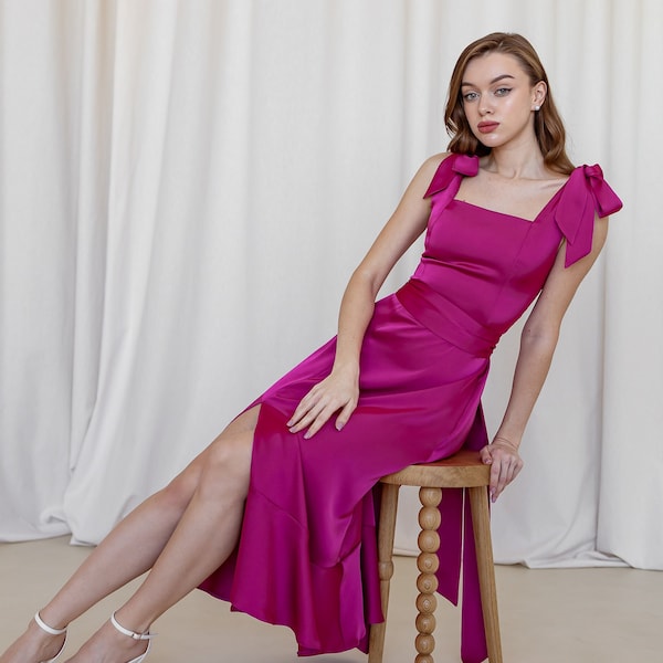 Magenta dress Fuchsia satin dress Hot pink bridesmaid's midi dress ties Midi bright pink dress Wedding guest dress Alexa dress