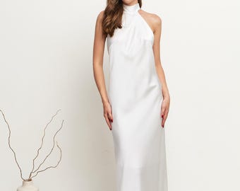 Ivory satin halter maxi wedding dress with open back