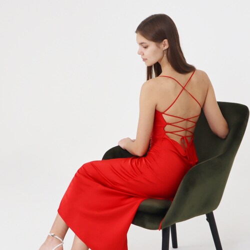 Silk Slip Dress With Cowl Neck Red Midi Silk Satin Dress Etsy