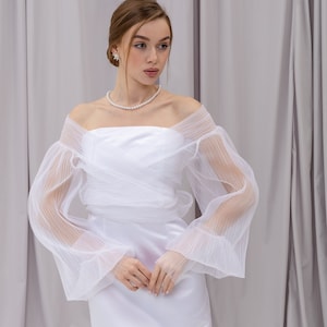 Pleated tulle blouse Wedding dress Topper Wrap plisse tulle blazer long bishop sleeve See through white blouse Bridal Capelet pleated mesh image 2