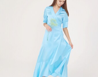 Baby blue silk wrap dress Midi silk dress with short sleeve Silk v neck flared skirt Romantic dress occasions Bridesmaid wrap dress