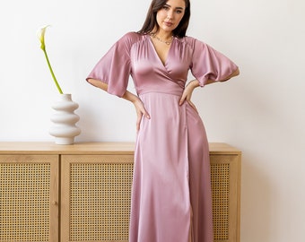 Rose pink bridesmaid dress Bridesmaid dress with sleeves Prom dress long Maxi satin dress wrap Plus size bridesmaid dress Jenna dress