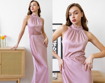 Prom dress Pink dress Halter bridesmaid dress Maxi pink dress Satin long dress full length Satin gown Bridesmaid dress satin Hannah dress