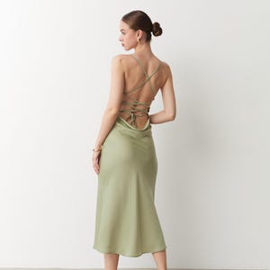 Sage green silk slip midi dress lace back Light green off shoulder Elegant pistachio dress special Dress bridesmaid wedding Chloe dress image 3