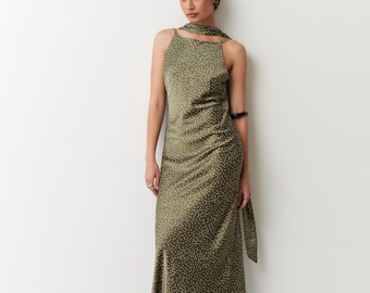 Semi formal green olive satin dress for wedding guest with scarf