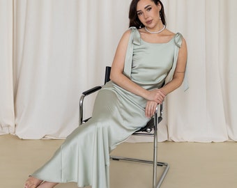 Bridesmaid dress sage Formal dress woman Satin maxi dress Evening gowns Green satin dress Long occasion dress Graduation dress Brenda dress