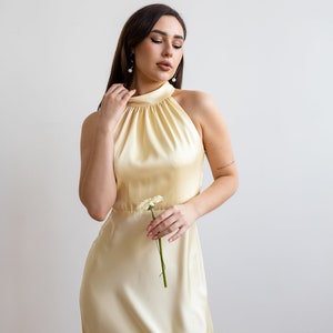 Yellow Halter Long Prom Dress Simple Satin Birthday Party Gown Y7940 main image 0