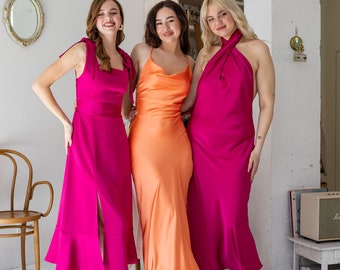 Nicht übereinstimmendes Brautjungfernkleid. Mix-and-Match-Brautjungfernkleid. Regenbogen-Satin-Maxikleid. Sunset-Brautjungfernkleid in Magenta. Helle Satinkleider