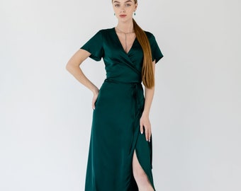 green emerald velvet dress IRIS | Silk Midi Wrap Dress in Emerald Green
