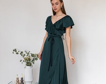 Robe émeraude Robe vert satin Robe de bal volants Robe d’occasion Robe de bal émeraude Robes de demoiselles d’honneur vert foncé Robe Megan