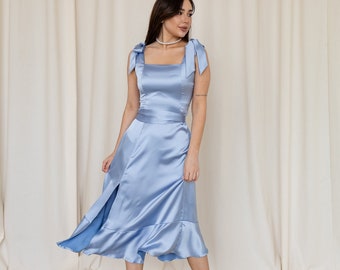 Light blue silk dress Blue bridesmaid's silk midi dress with slit and bow straps Summer midi light blue dress with square neck Alexa dress