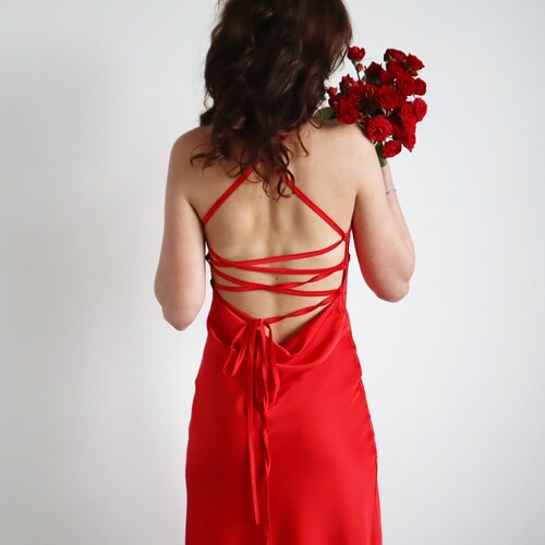 Red silk slip dress cowl neck Silk midi dress bare shoulders and open back Dress for bridesmaid Satin dress for special occasions