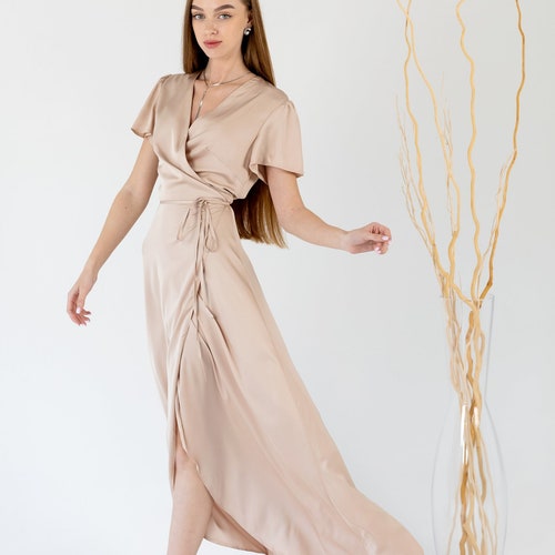 Beige Silk Dress MIRANDA With Short Sleeve Bridesmaid Wrap - Etsy