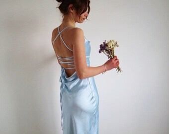 Light blue silk slip dress cowl neck Baby blue midi dress bare shoulders and open back Dress for bridesmaid Satin dress special occasions