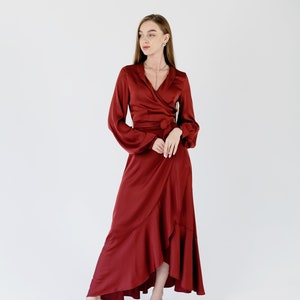 Red terra cotta silk wrap dress with long sleeve Bridesmaid dark rust silk wrap dress Midi silk dress with sleeves Prom dress Janne dress