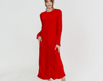 Rotes Kleid Formelles Kleid mit Ärmeln Satinkleider Ballkleid rot Elegantes Kleid Satinkleider Hochzeitsgastkleid Kleid für die Brautmutter