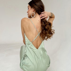 Sage green dress Silk slip dress with open back Sage bridesmaid dress Sage green dress with v-neck open back Wedding guest dress Lisa dress
