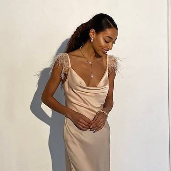 Kelly feathers dress Champagne dress Satin feathers straps slip dress Neutral bridesmaid's dress Silk dress bias cut cowl neck midi beige