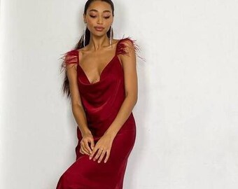 Kelly feathers dress Burgundy silk slip dress with feathers Satin sexy dress with ostrich feathers dark red Special occasions midi dress