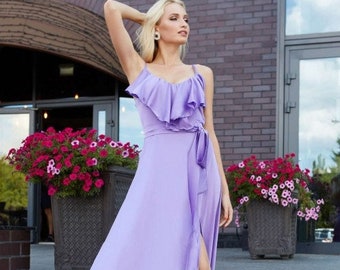 Lilac silk dress BLAKE with v-neck ruffle maxi floor lenght Bridesmaid maxi dress with high slit Satin bridesmaid's maxi dress lavander