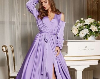 Wedding guest maxi silk dress OLIVIA with long sleeves Floor lenght dress Lilac evening satin maxi dress