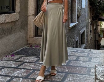 Casual satin skirt Midi silk skirt Satin skirt long Circle silk skirt wrap style Everyday silk skirt