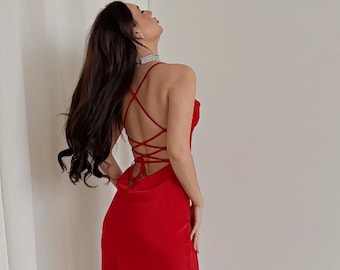 Homecoming dress Date night dress Red dress satin Red midi dress Backless dress Open back dress Hoco dress Semi formal dress Chloe dress