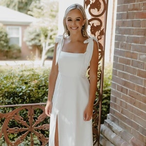 Elopement dress with bow Bridal shower white dress midi square neck Second wedding dress with bows Bridal shower dress Reception dress
