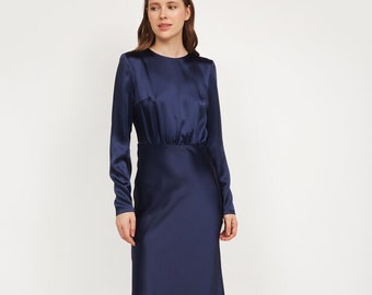 Navy blue autumn bridesmaid dress with long sleeve Dark blue silk dress midi with long sleeves