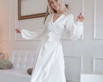 Janne dress White silk wrap dress for elopement Midi white dress long sleeve civil wedding Silk flared skirt romantic dress rehearsal dinner